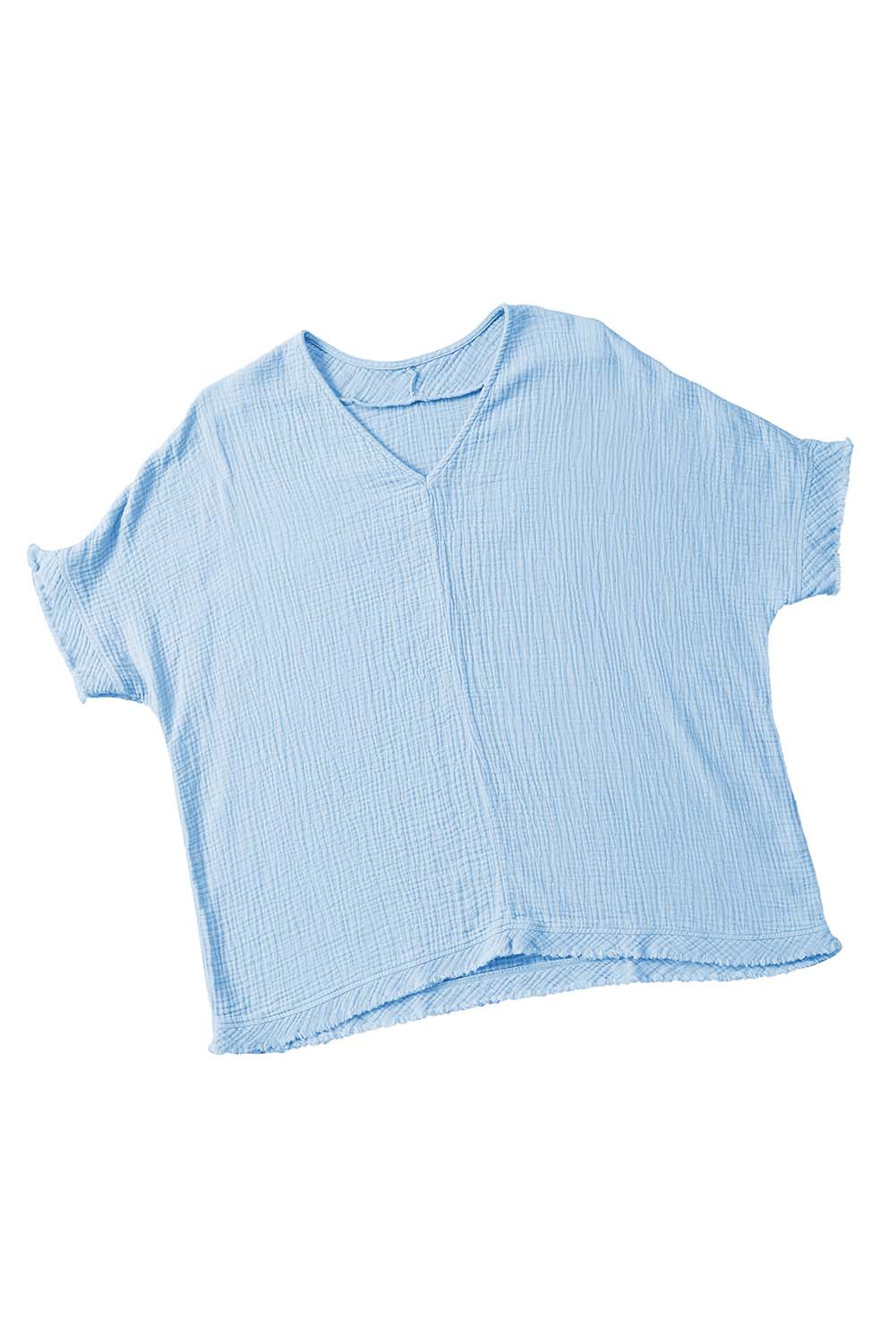 Sky Blue Frayed Batwing Sleeve Textured Cotton Blouse