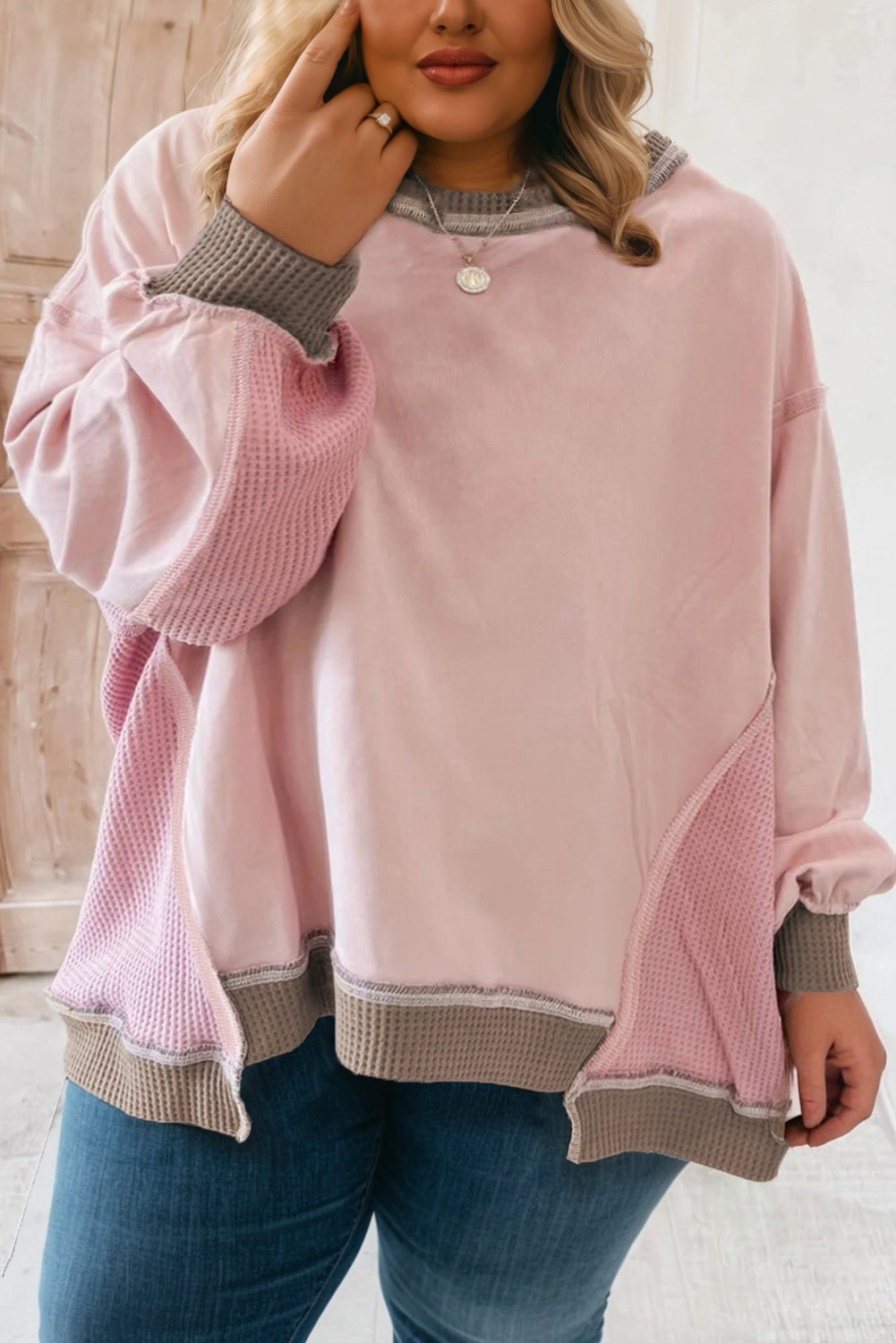 Light Pink Plus Color Block Waffle Patchwork Exposed Seam Baggy Sweatshirt