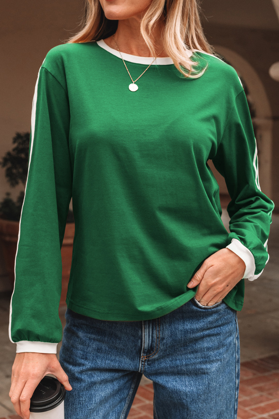 Varsity Striped Accent Contrast Crew Neck Long Sleeve T Shirt