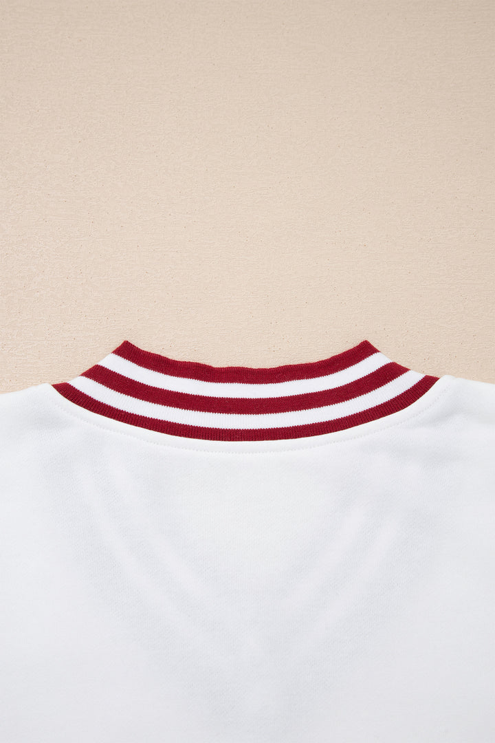 Red Dahlia Chenille Letter A Graphic Varsity Striped V Neck Puff Sleeve Sweatshirt