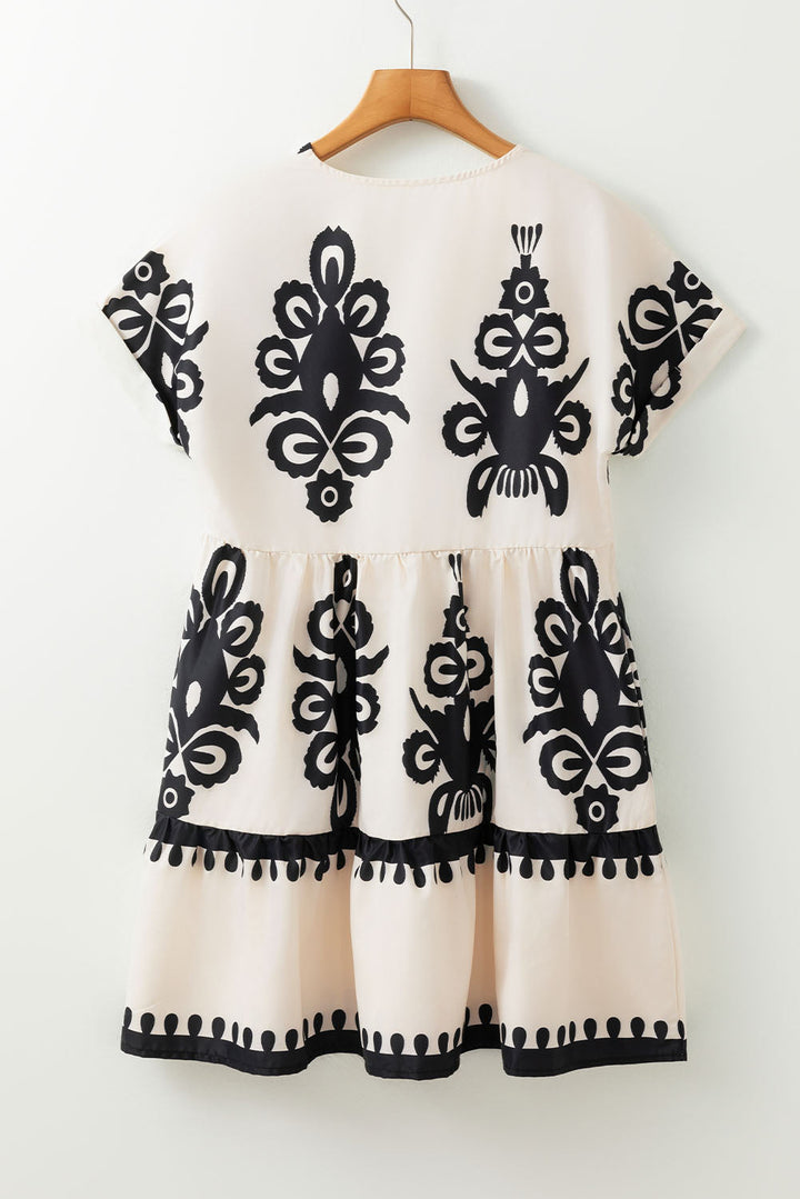 Vintage Print V Neck High Waist Short Sleeve Dress