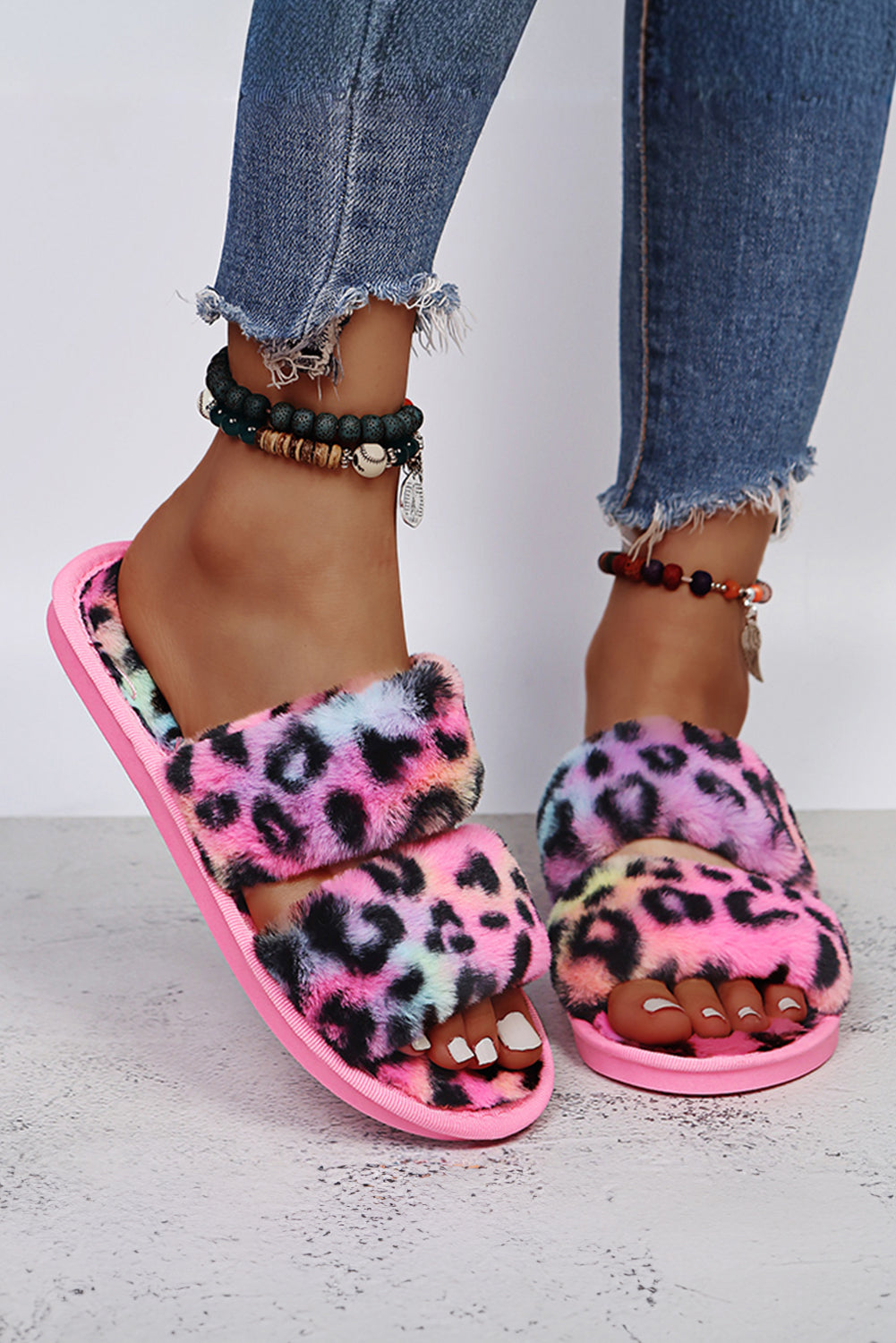 Bold Plush Leopard Double Band Flat Slippers