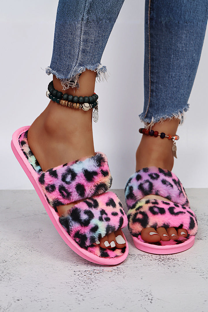 Bold Plush Leopard Double Band Flat Slippers