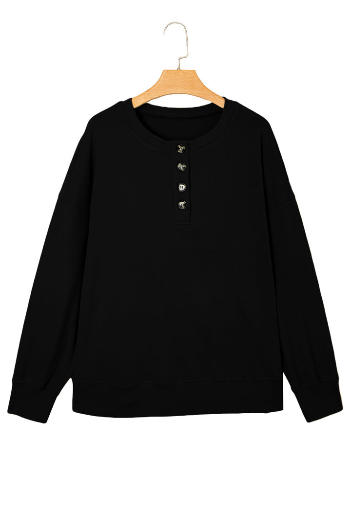 Black Solid Button Placket Crew Neck Plus Size Sweatshirt