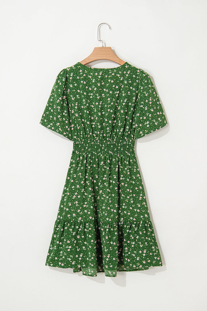 Floral Print Wrap V Neck Short Sleeve High Waistband Mini Dress