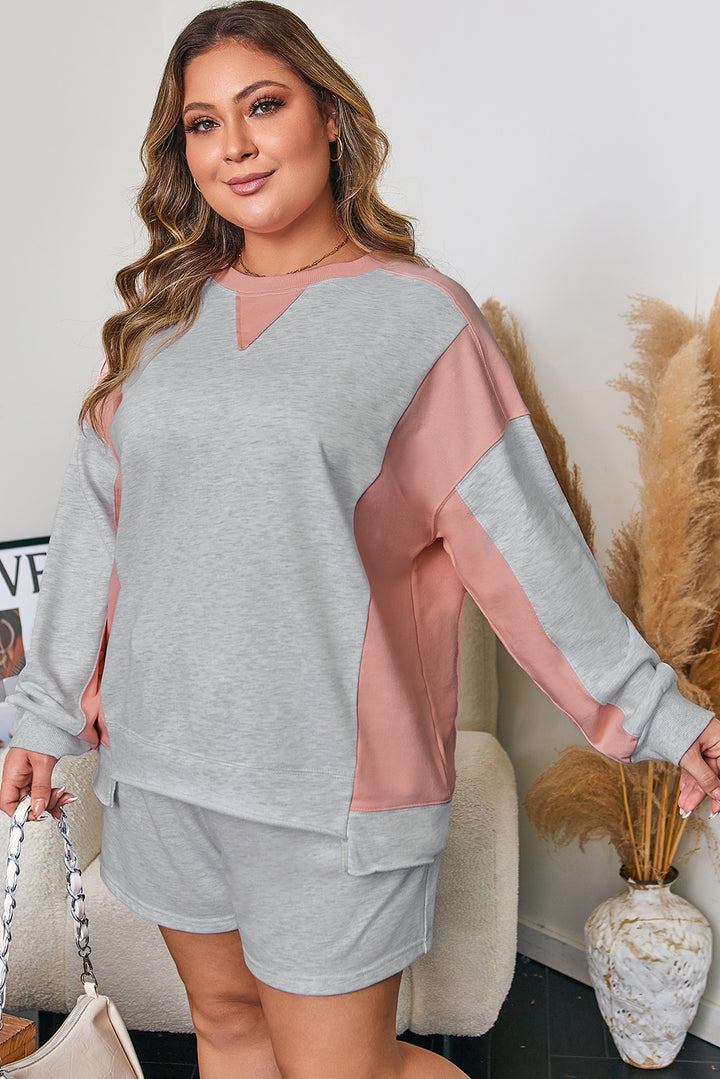 Light Grey Uneven Hem Pullover Casual Shorts Plus Size 2pcs Outfit