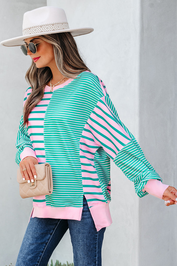 Mix Pattern Color Block Patchwork Side Slit Baggy Sweatshirt