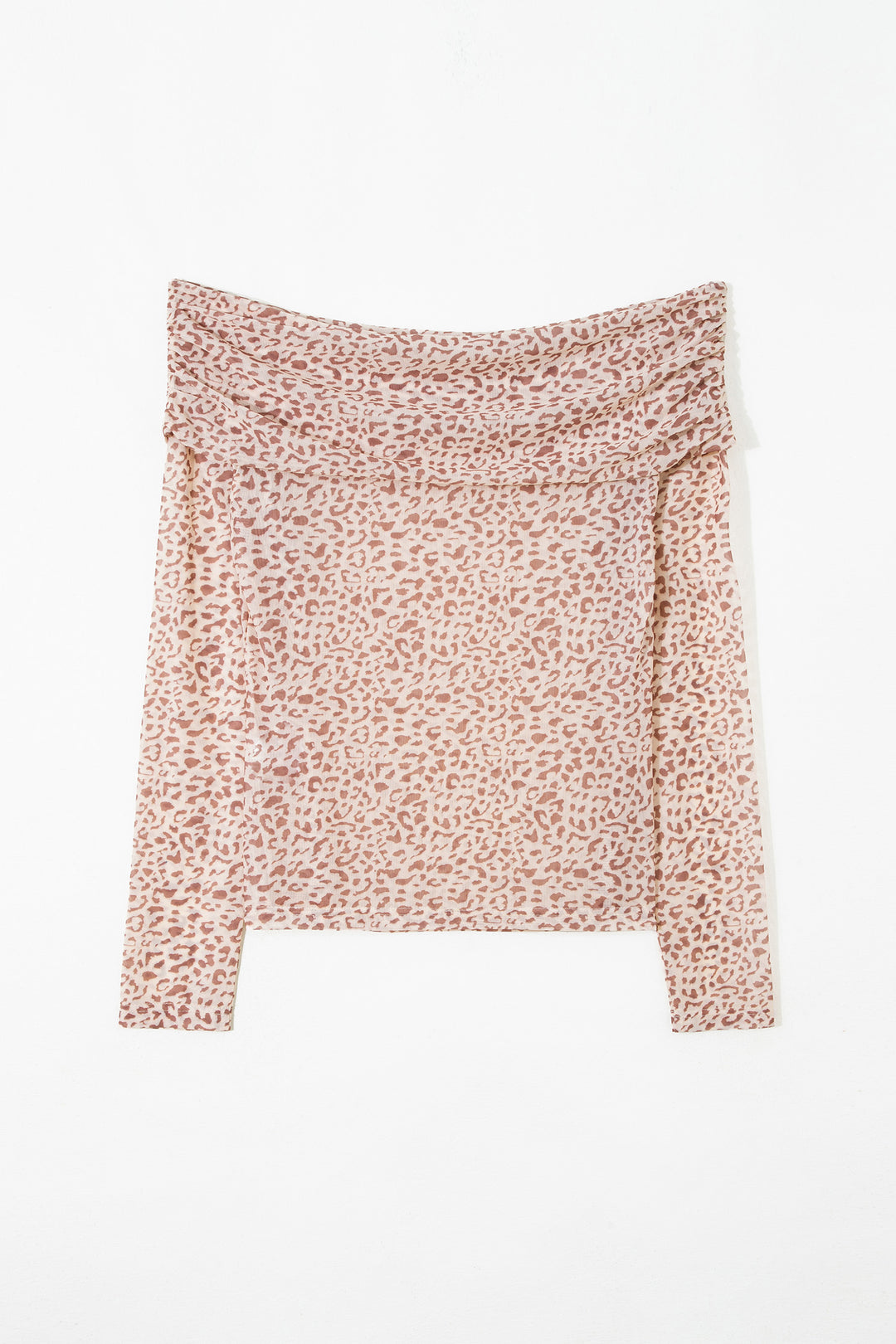 Brown Leopard Print Foldover Off Shoulder Long Sleeve Mesh Top