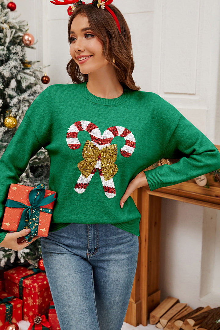 Dark Green Sequin Bow Candy Cane Graphic Christmas Sweater
