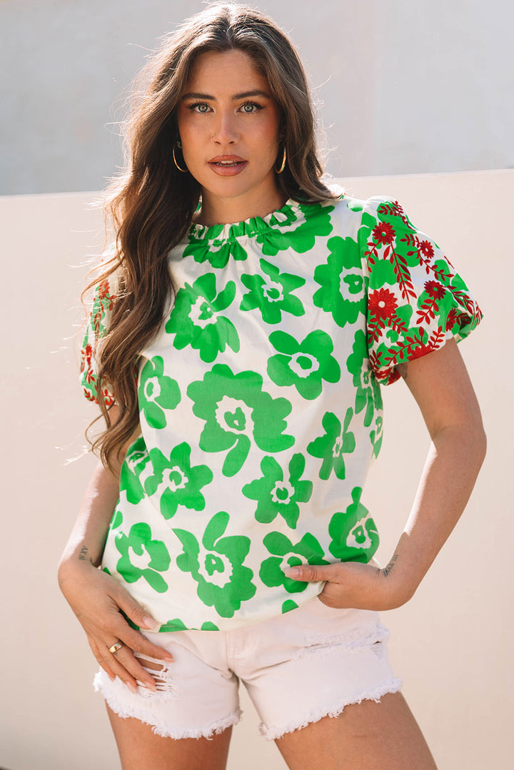 Contrast Embroidered Puff Short Sleeve Floral Blouse