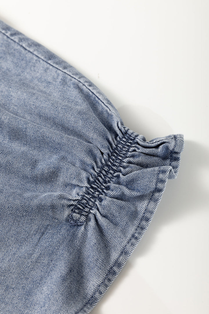 V Neck Ruffled Short Puff Sleeve Denim Top