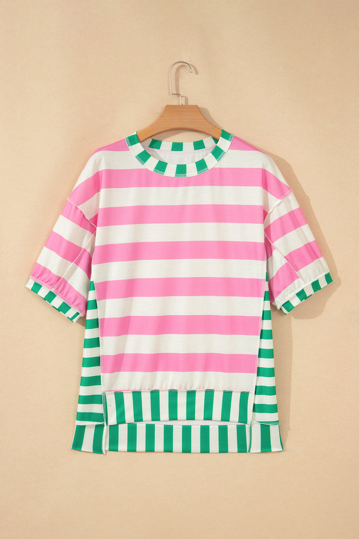 Pink Stripe Exposed Seam Contrast Patchwork Oversized Top