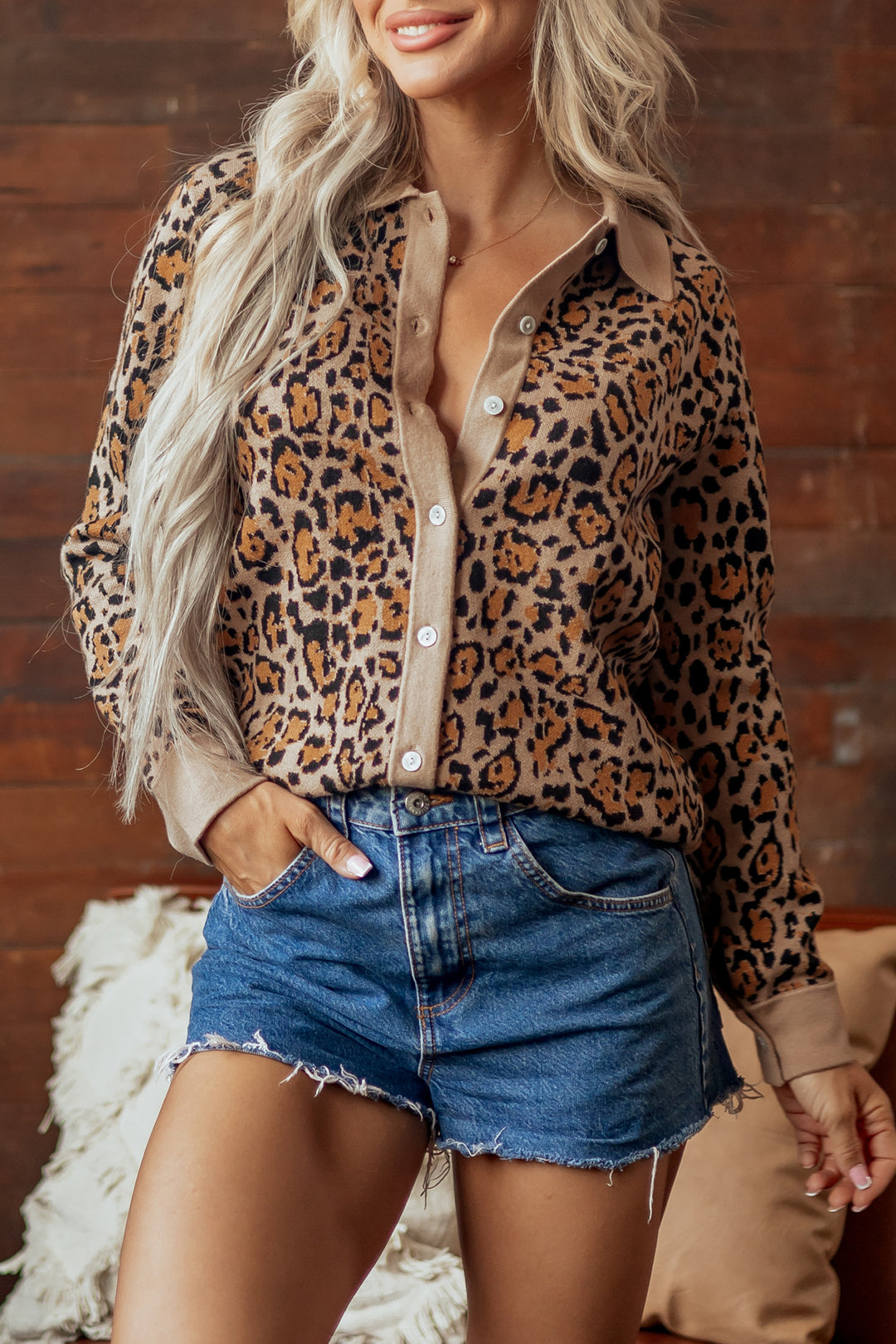 Brown Leopard Print Button-Up Long Sleeve Shirt Cardigans