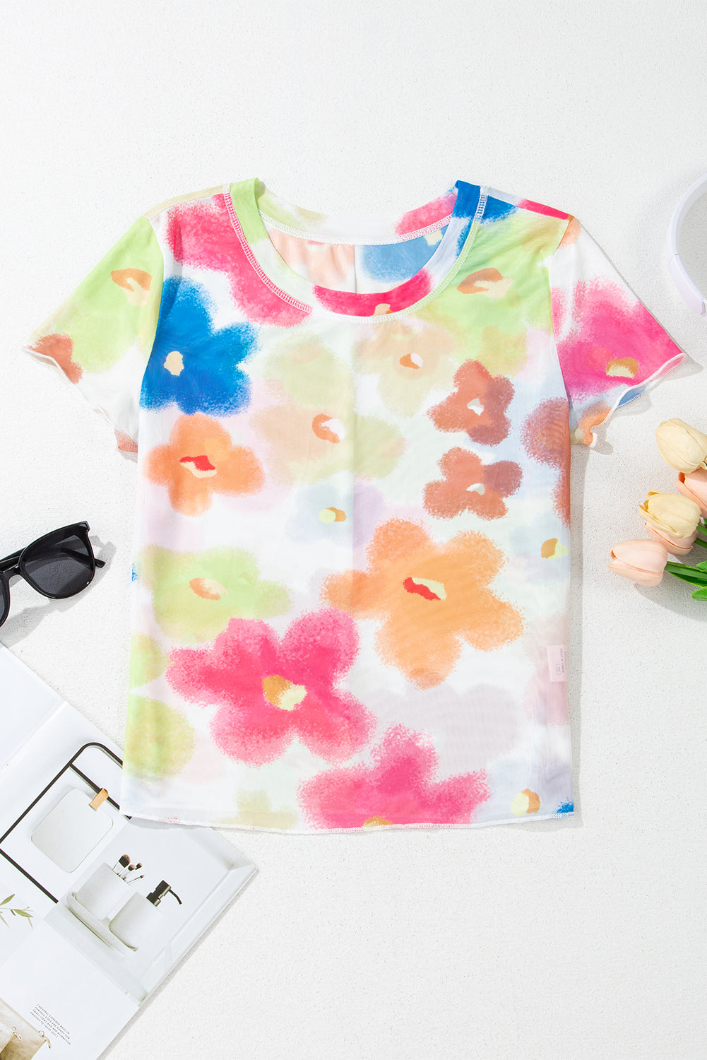 Floral Mesh Lettuce Trim Cropped T Shirt