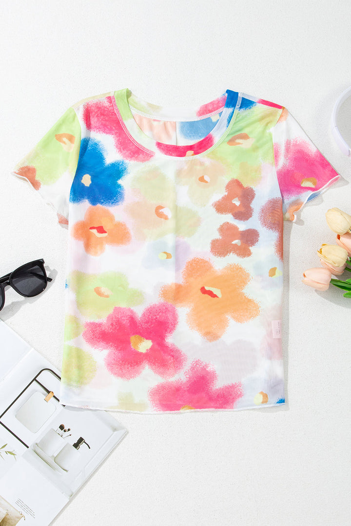 Floral Mesh Lettuce Trim Cropped T Shirt