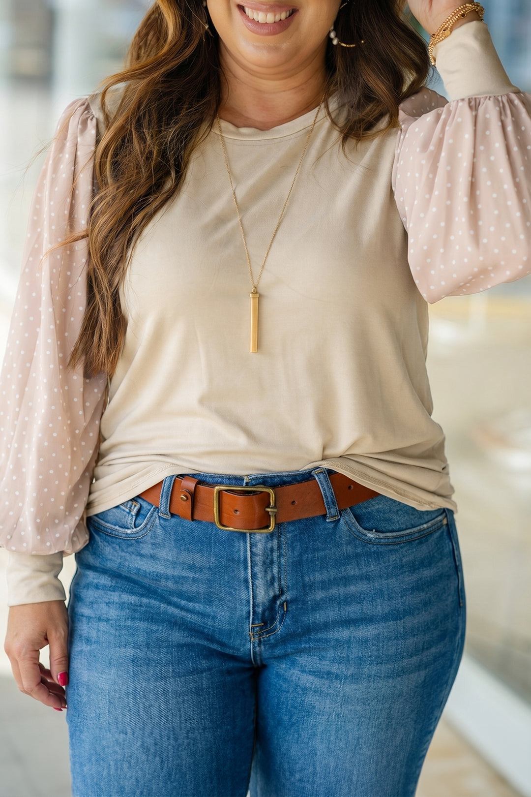 Parchment Polka Dot Long Sleeve Plus Size Blouse