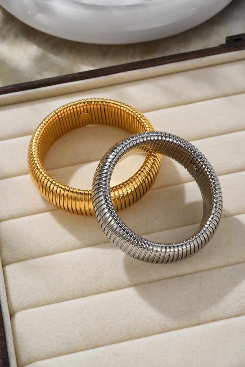 Textured Striped Plated Titanium Steel Chunky Bangle