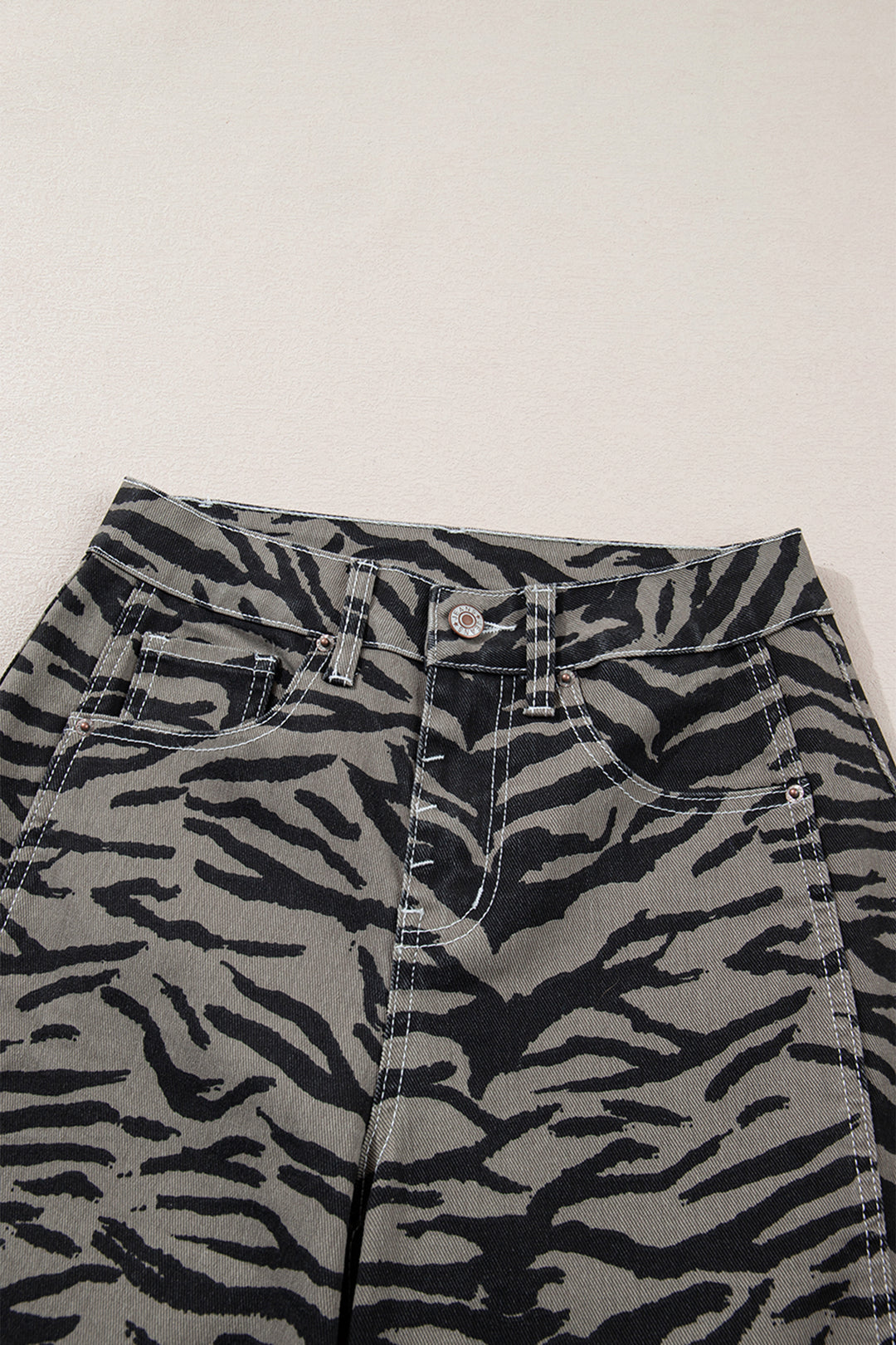 Gray Zebra Stripe Printed Wide Leg Barrel Jeans