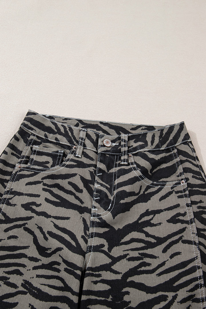 Gray Zebra Stripe Printed Wide Leg Barrel Jeans