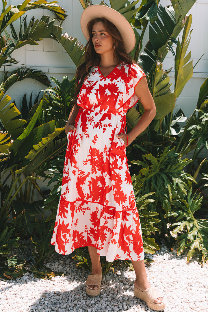 Floral Print Trimmed V Neck Ruffle Sleeve Long Dress