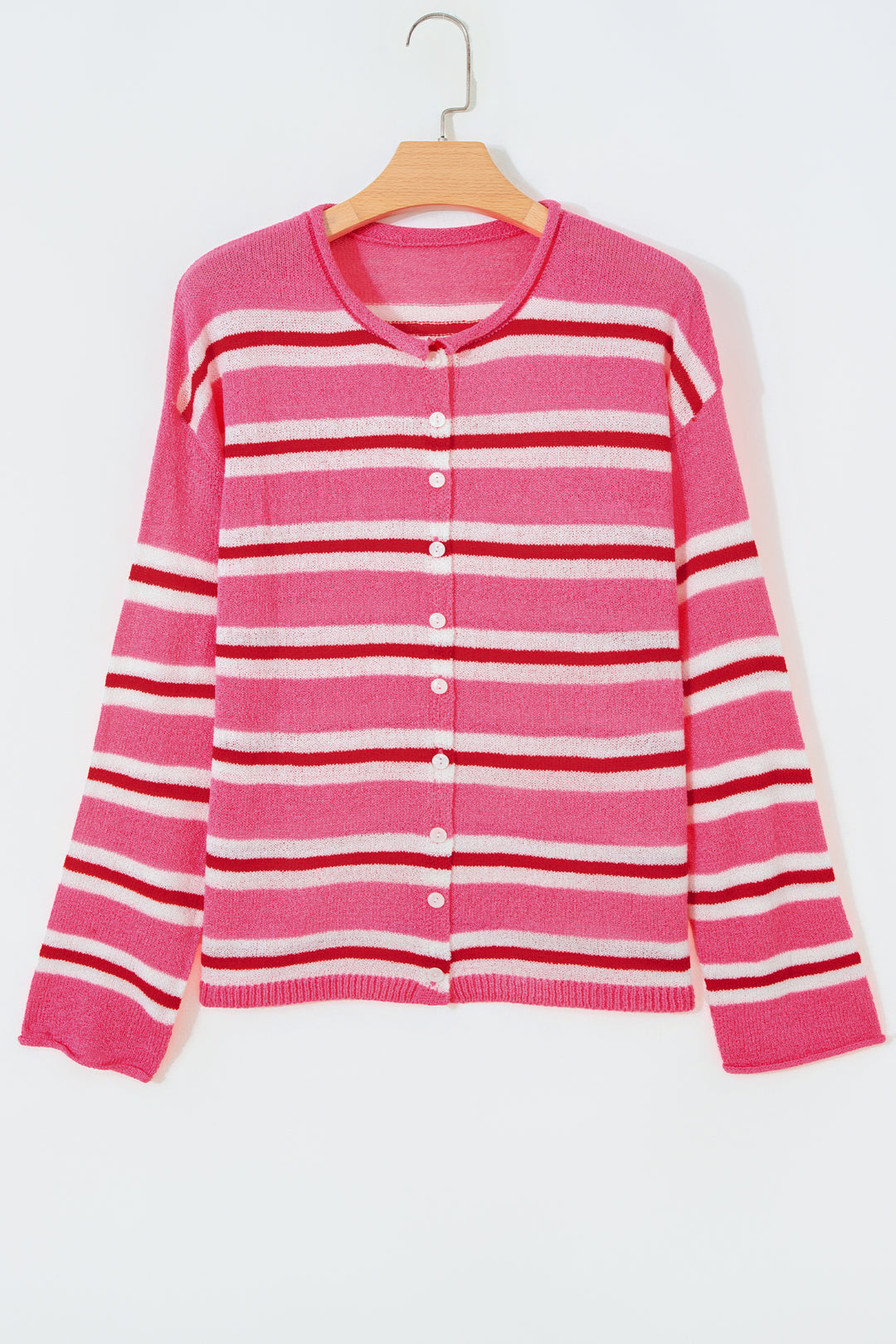 Pink Stripe Striped Drop Shoulder Button Cardigan