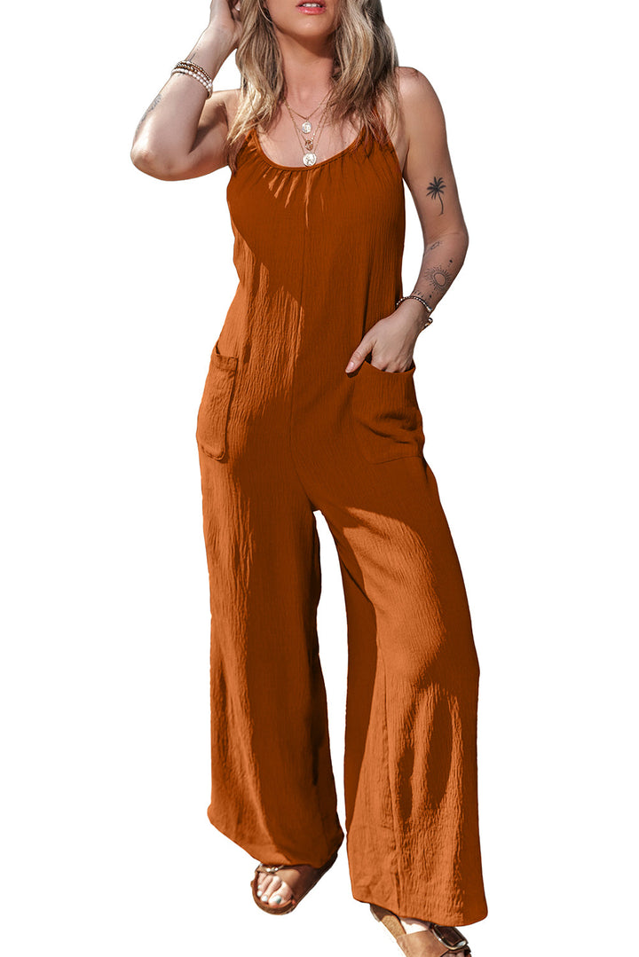 Spaghetti Straps Waist Tie Wide Leg Jumpsuit with Pockets