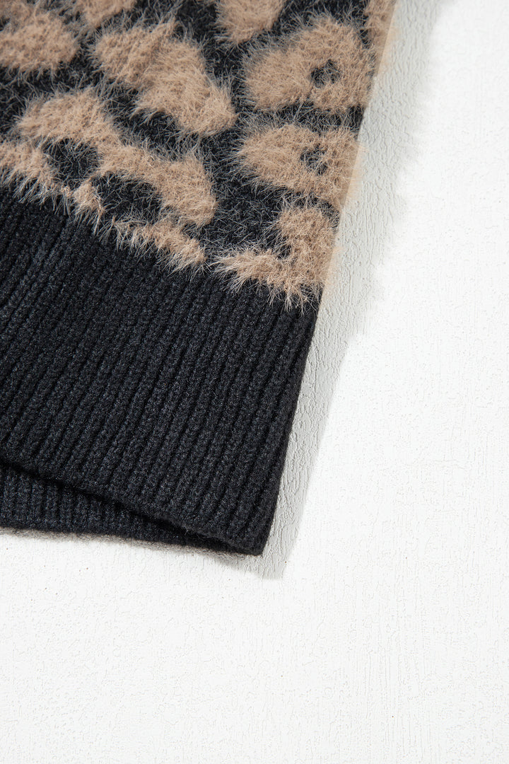 Black Leopard Print Knit Sleeveless Regular Wash Sweater Vest