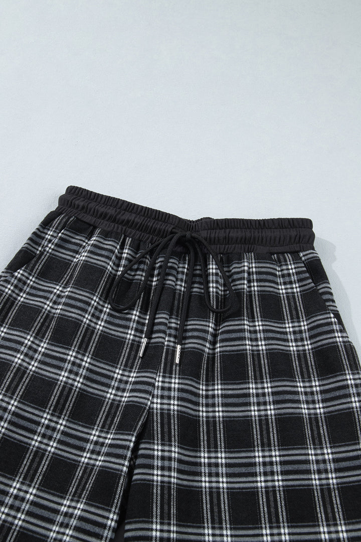 Black Frenchy Plaid Pattern Contrast Wide Leg Pants