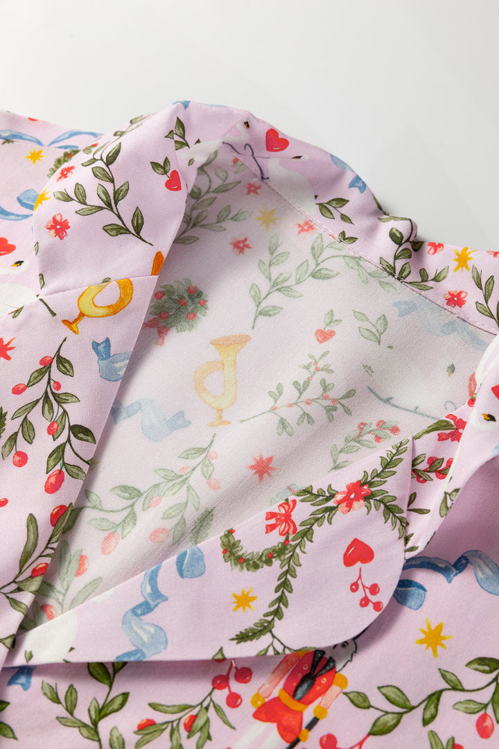 Pink Christmas Holiday Print Nutcracker Long Sleeve Shorts 2pcs Pajama Set