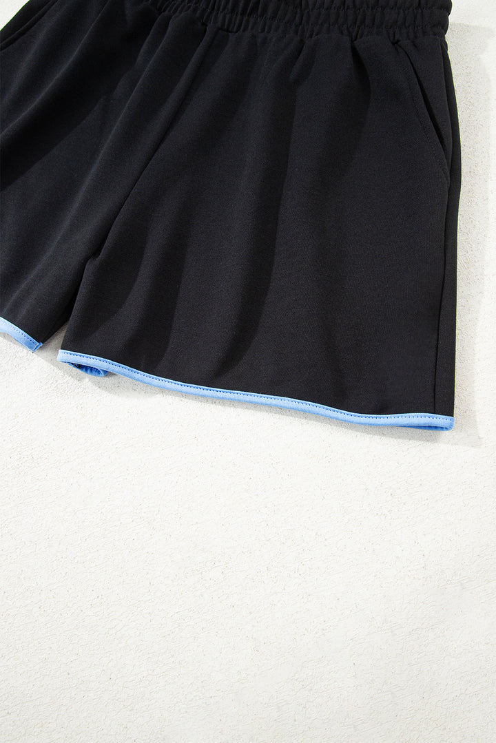 Black Color Block Patchwork Half Button Pullover and Shorts 2pcs Outfit