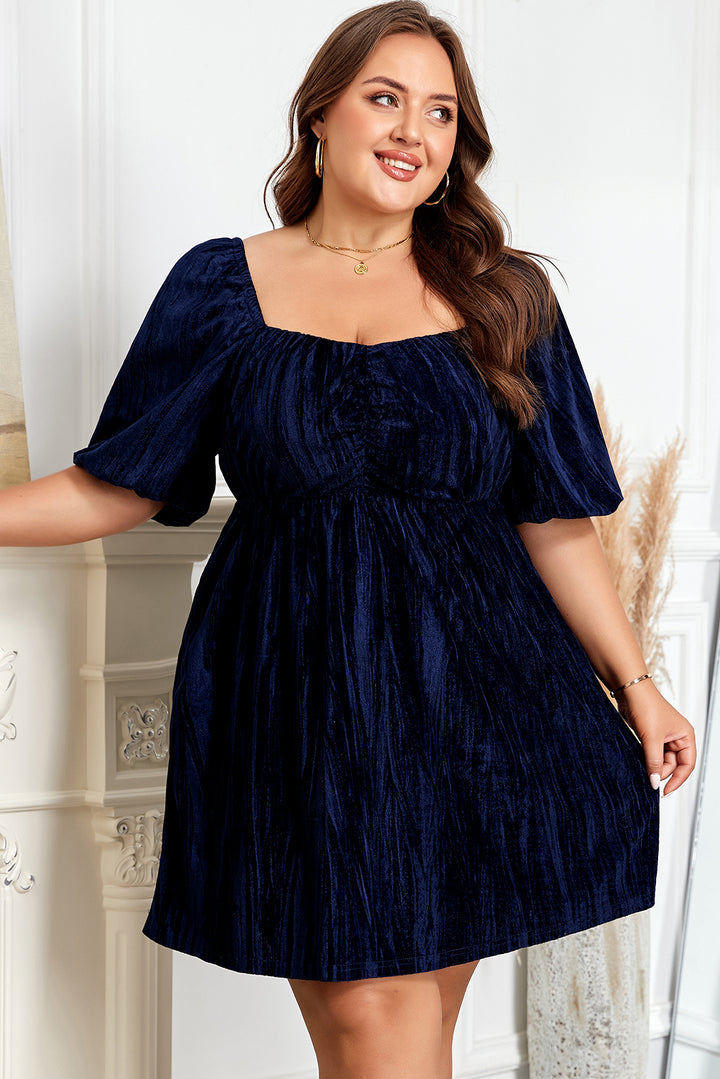 Navy Blue Velvet Ruched Bust Square Neck Short Sleeve Plus Dress
