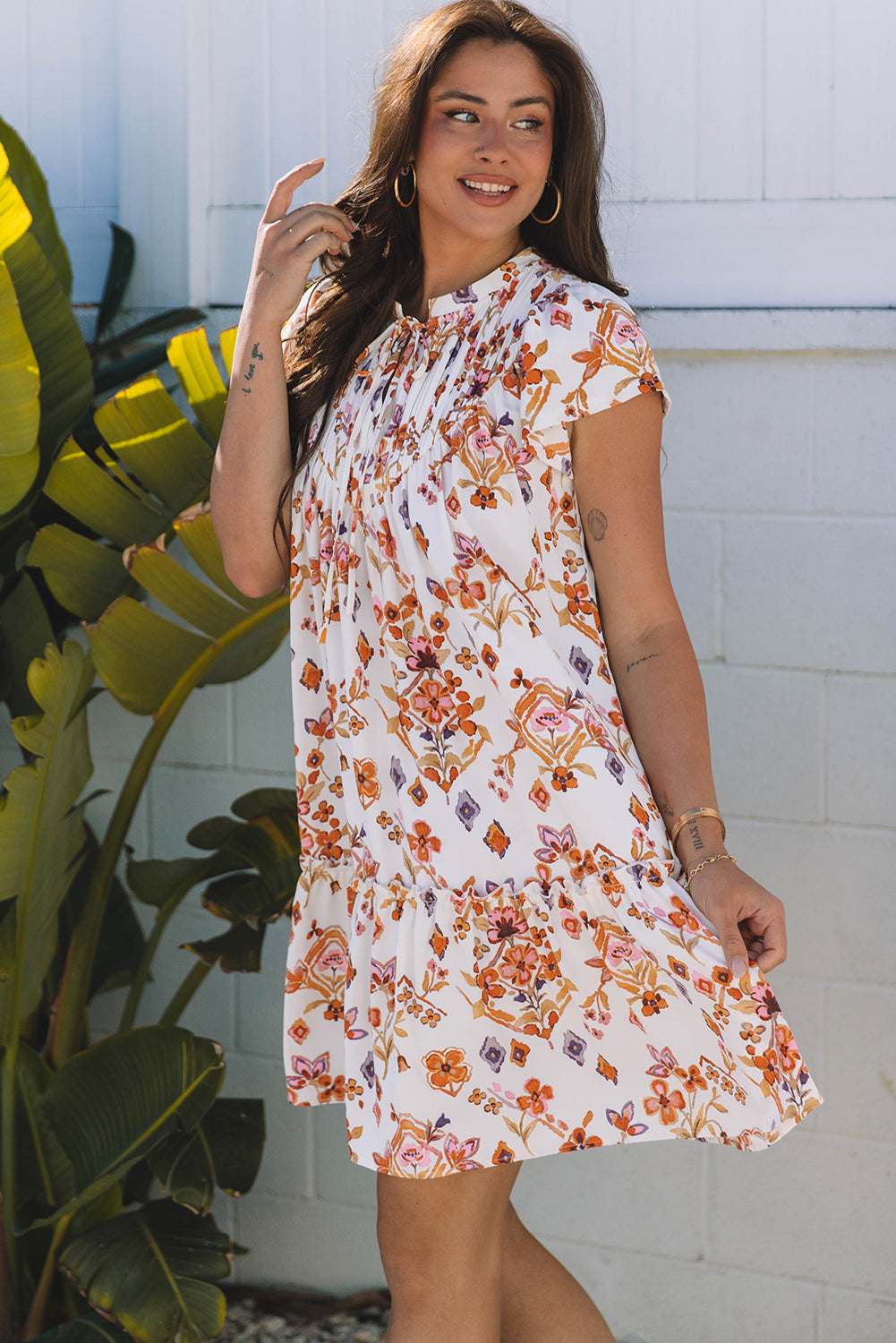 Floral Geometric Print Ruffled Trim Flutter Sleeve Mini Dress