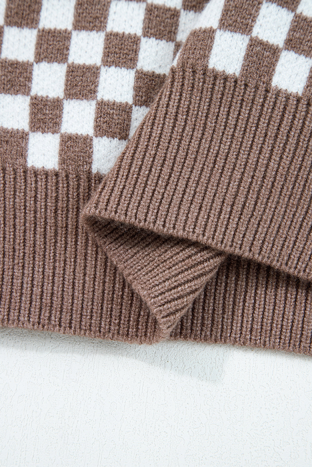 Half Button Ribbed Trim Checkerboard Knit Sweater