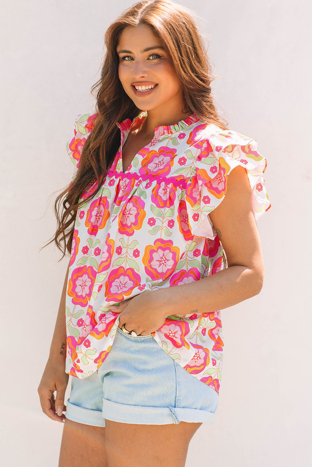 floral ruffled sleeve ric rac trim split neck loose blouse