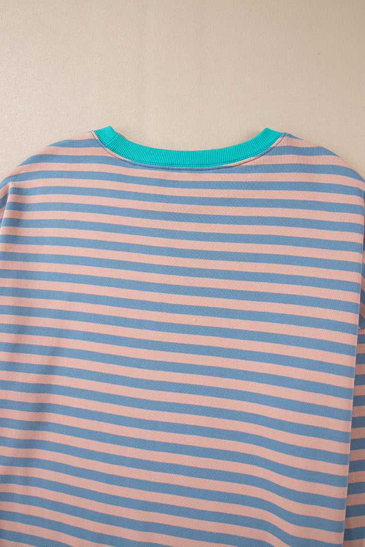 Striped Contrast Ribbed Trim Crossed Stitch Drop Shoulder Sweatshirt