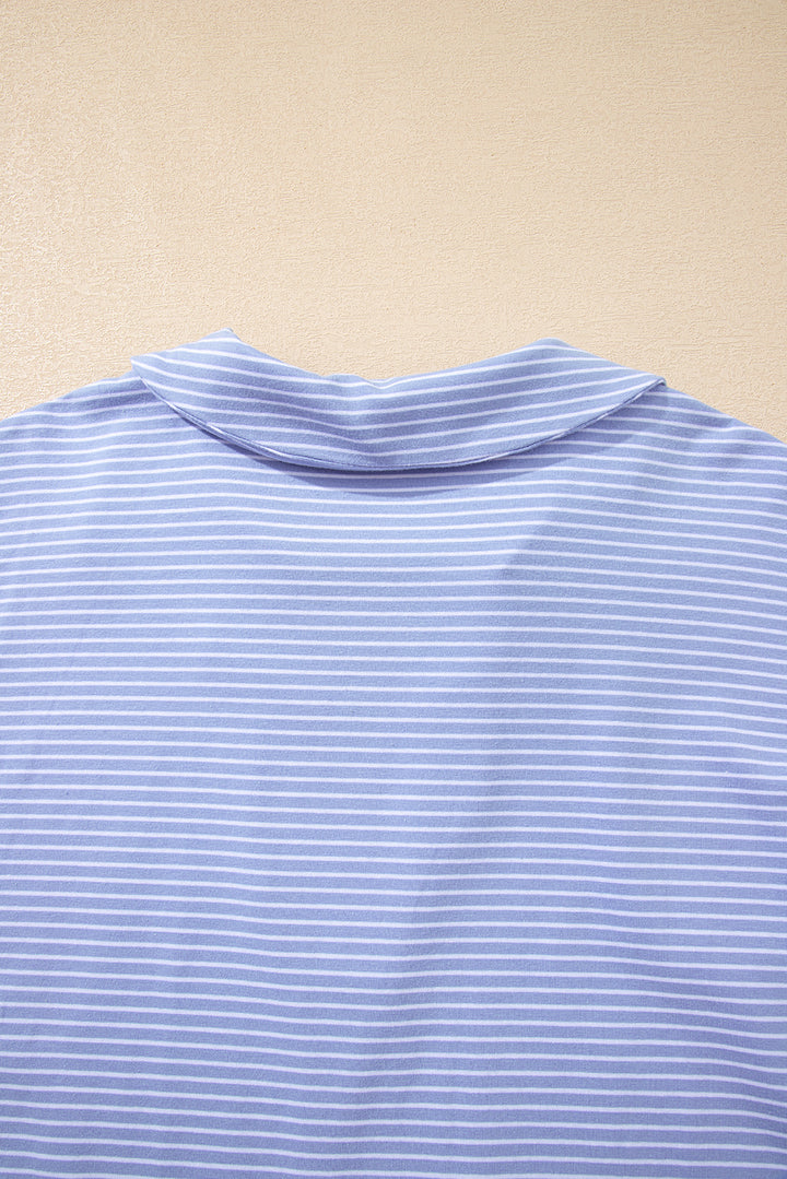 Sky Blue Stripe Dolman Sleeve Polo Shirt and Drawstring Shorts Set