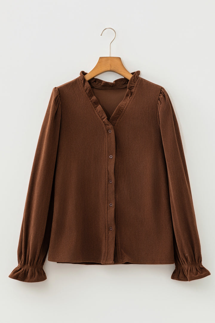 Coffee Solid Color Long Sleeve Button Corduroy Shakcet