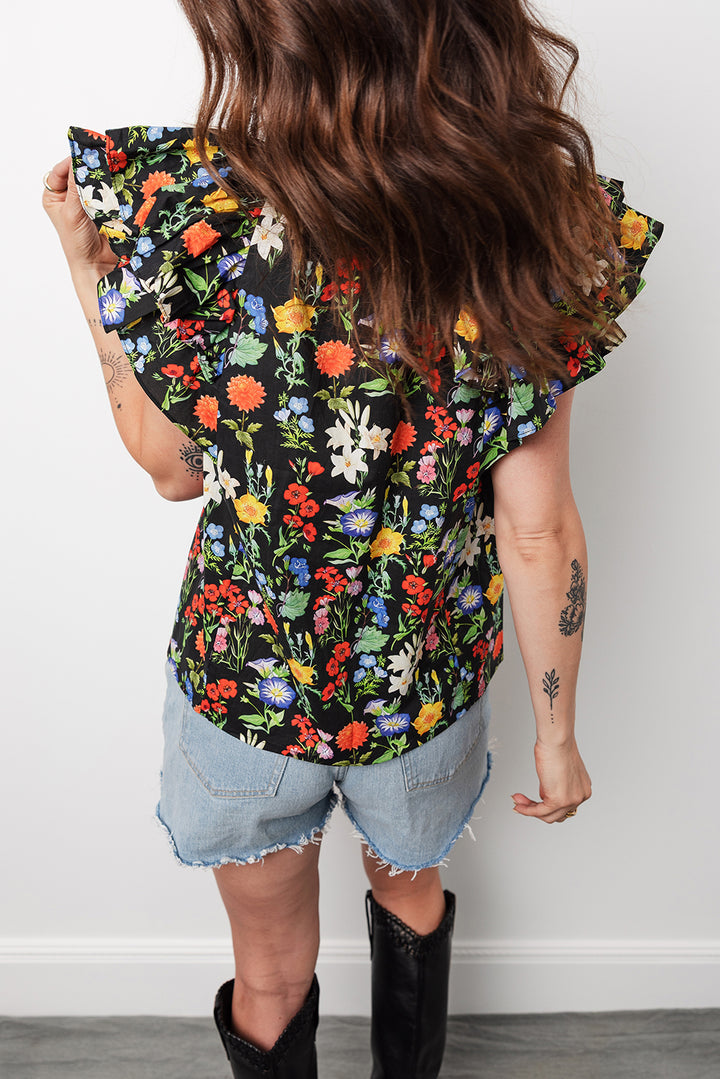 Tiered Flutter Sleeve V Neck Flower Blouse