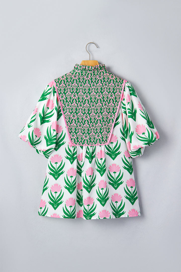 Multicolour Floral Print Puff Sleeve Contrast Bordered V Neck Blouse