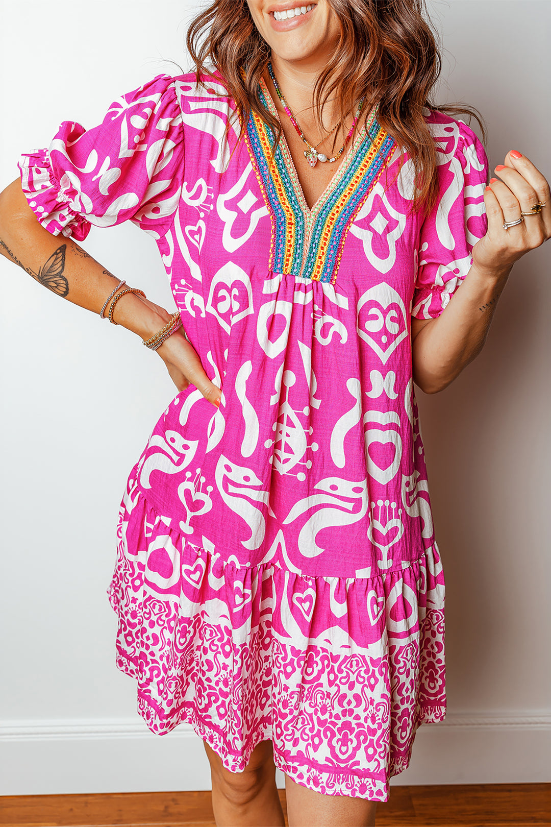 Boho Mixed Print Contrast Trim V Neck Short Sleeve Flared Dress