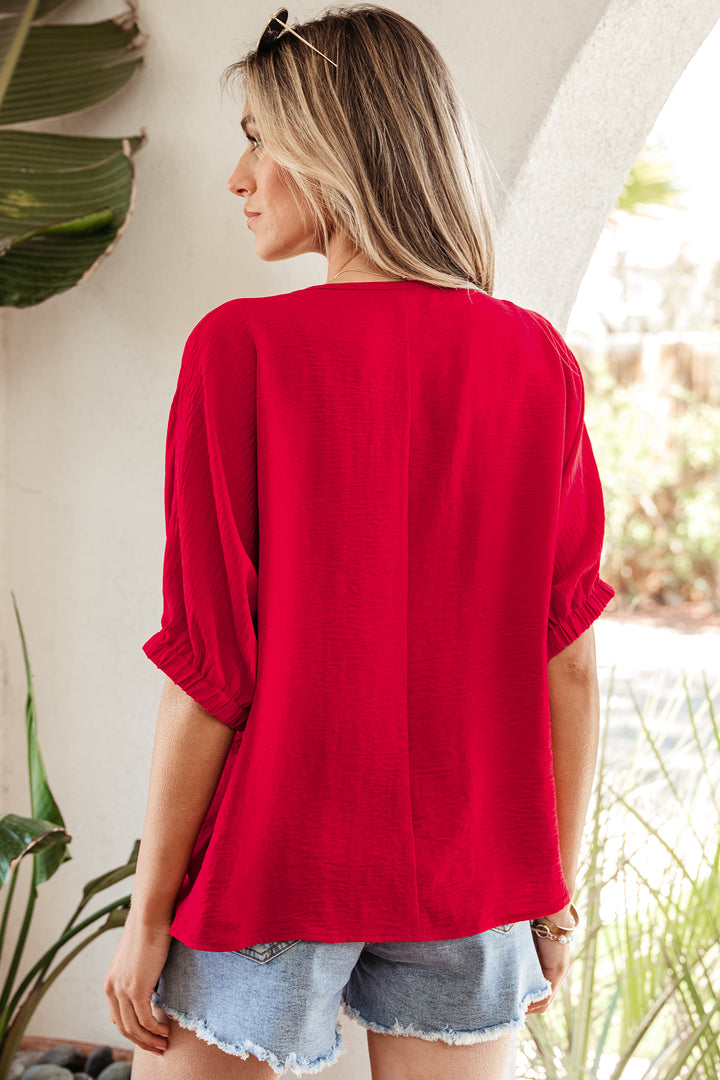 Braided Trim V Neck Half Sleeve Blouse