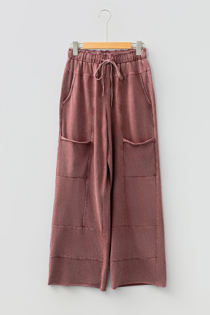 Wild Ginger  Mineral Wash Lace-up High Waist Raw Hem Patched Pocket Pants