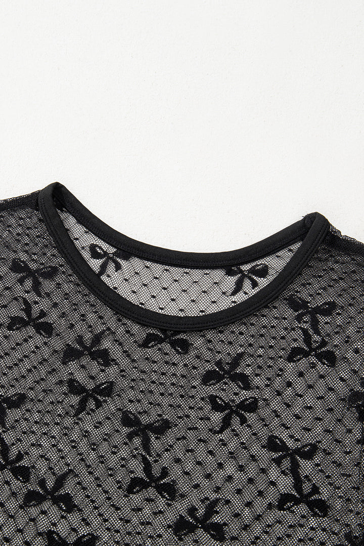 Bow Knot Dotted See-through Mesh Patched Slim Fit Blouse