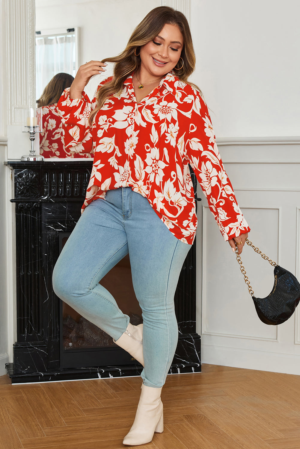 Red Plus Size Floral Print Loose Button Up Shirt