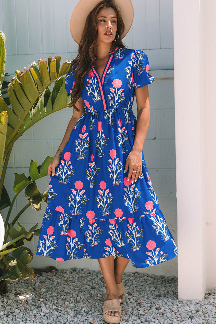 Blue Floral Puff Short Sleeve Maxi Dress