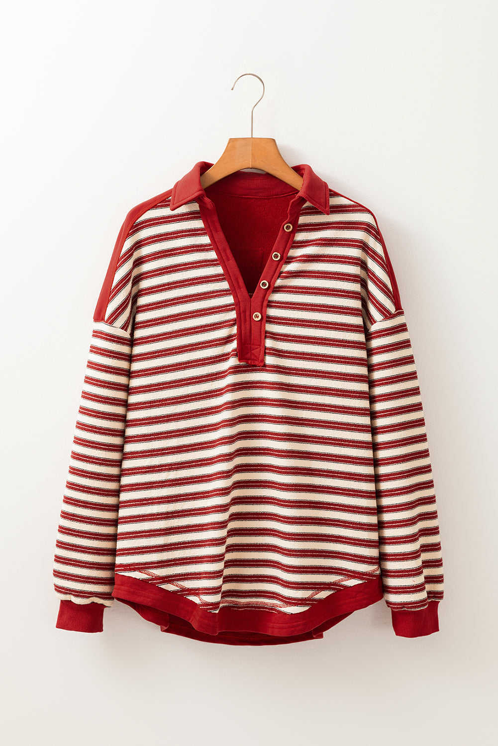 Buttoned V Neck Collared Drop Shoulder Top