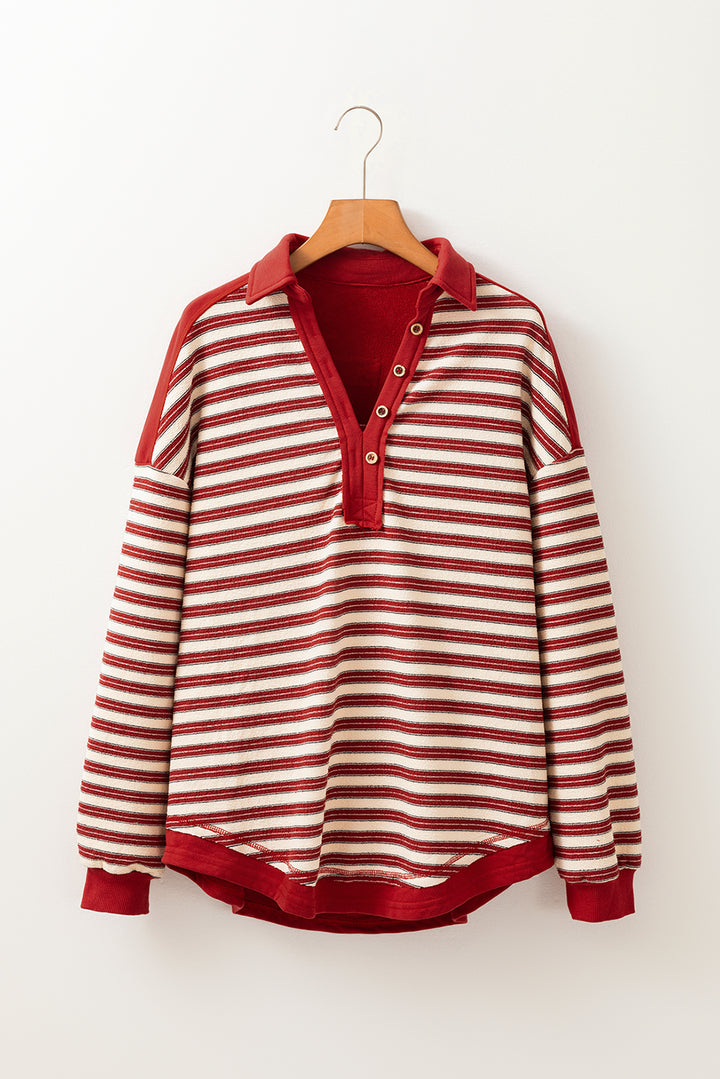 Buttoned V Neck Collared Drop Shoulder Top