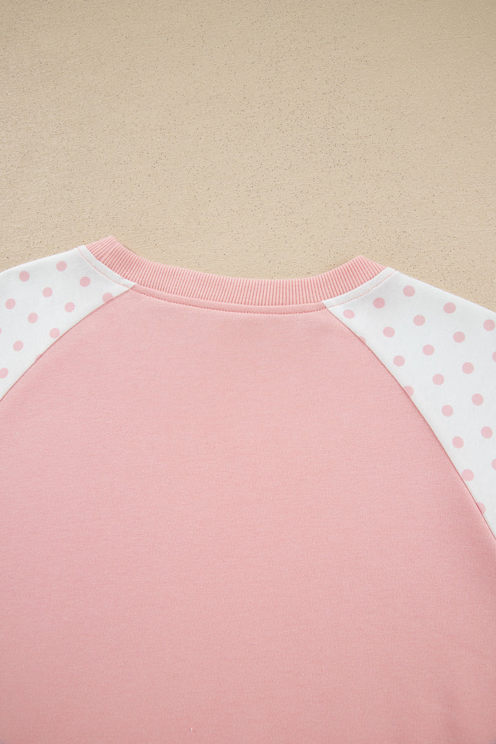 Pink Polka Dot Patchwork Colorblock Long Sleeve Casual Two Piece Pants Set