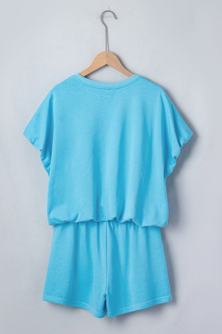 Light Blue Solid Color Puffy Loose Top Drawstring Shorts 2pcs Outfit
