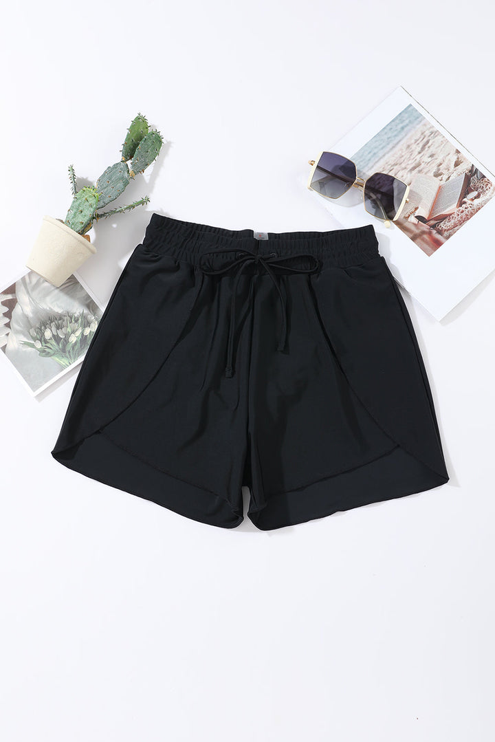Black Solid Color 2-in-1 Drawstring Elastic Waist Swim Shorts